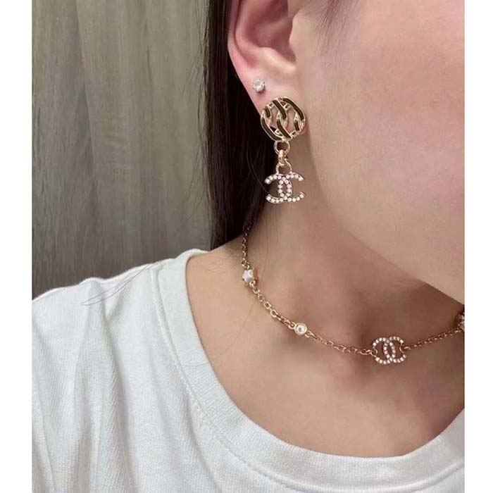 Chanel Women CC Pendant Earrings Metal Resin Strass Gold White Crystal