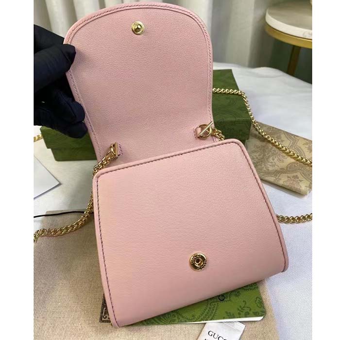 Gucci Women GG Blondie Medium Chain Wallet Pink Leather Round Interlocking G