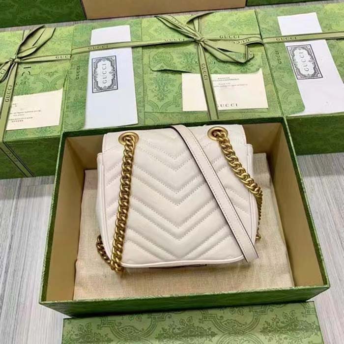 Gucci Women GG Marmont Matelassé Mini Shoulder Bag White Chevron Leather