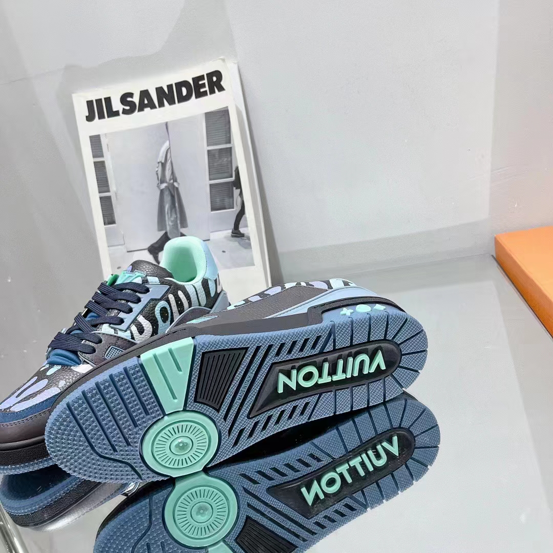 Louis Vuitton Unisex LV x YK LV Trainer Sneaker Navy Blue Camouflage-Printed Canvas Grained Calf