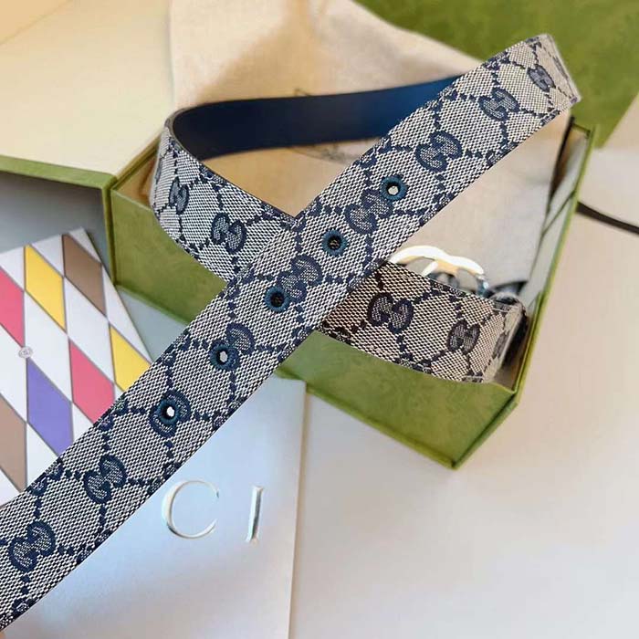 Gucci Unisex GG Marmont Reversible Belt Beige Blue Canvas Double G Buckle