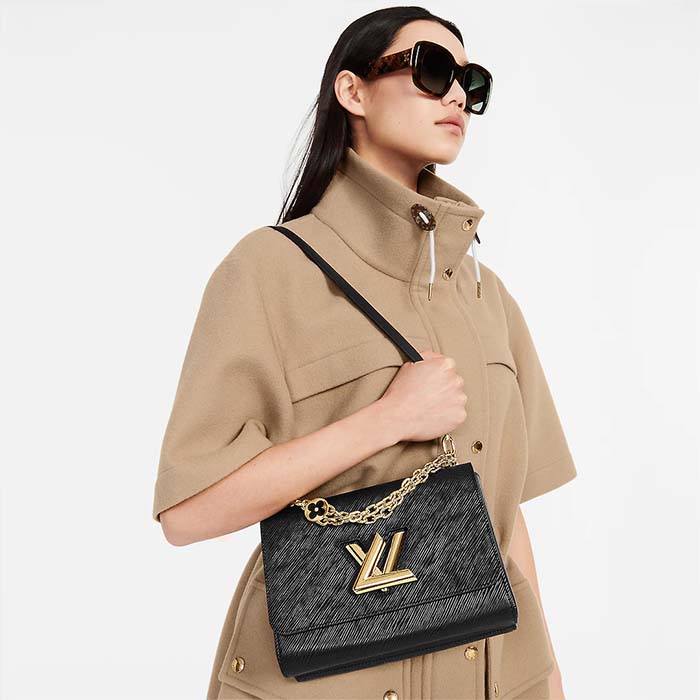 Louis Vuitton LV Women Twist MM Handbag Black Epi Grained Leather Monogram Flower