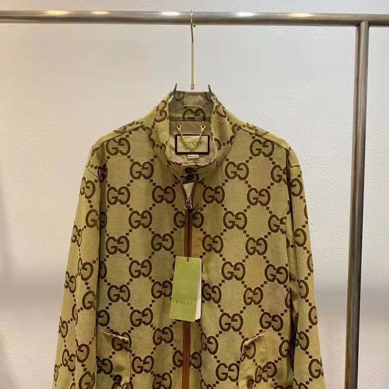 Gucci Women Jumbo GG Canvas Jacket Beige Ebony Jumbo Cotton Wool Leather