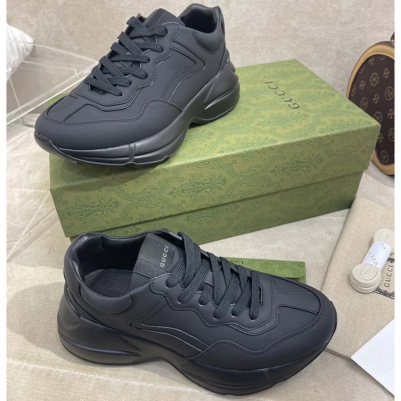 Gucci Unisex GG Rhyton Sneaker Black Leather Rubber Sole Low Heel