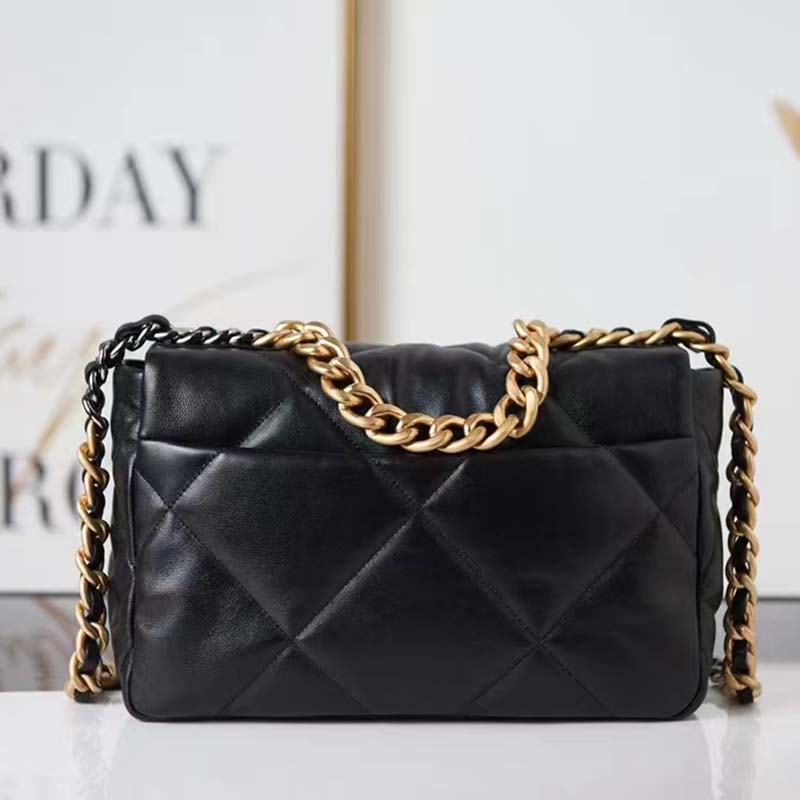 Chanel Women 19 Large Handbag Black Lambskin Gold Silver-Tone Ruthenium-Finish Metal