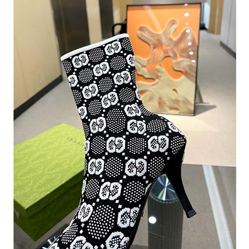 Gucci Women GG Knit Ankle Boots Black White GG Technical Fabric Leather Mid-Heel