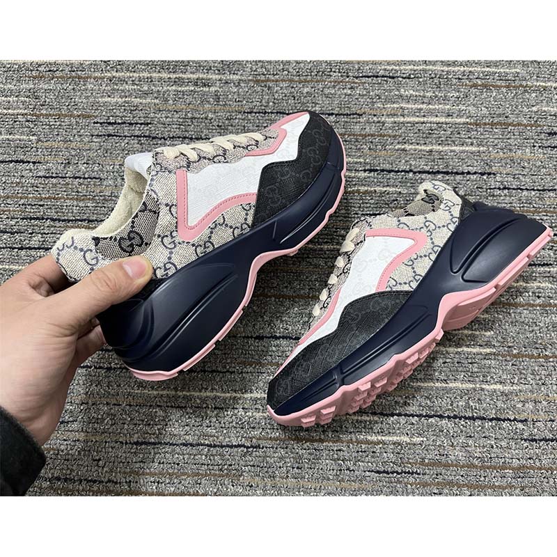 Gucci Unisex Rhyton Sneaker Beige Blue GG Supreme Canvas Rubber Sole Mid Heel