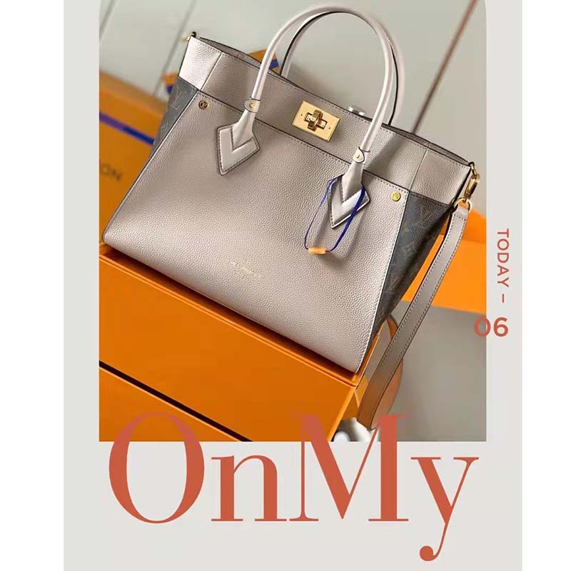 Louis Vuitton LV Women On My Side MM Tote Greige Calfskin Monogram Canvas