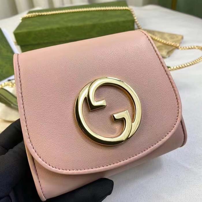 Gucci Women GG Blondie Medium Chain Wallet Pink Leather Round Interlocking G