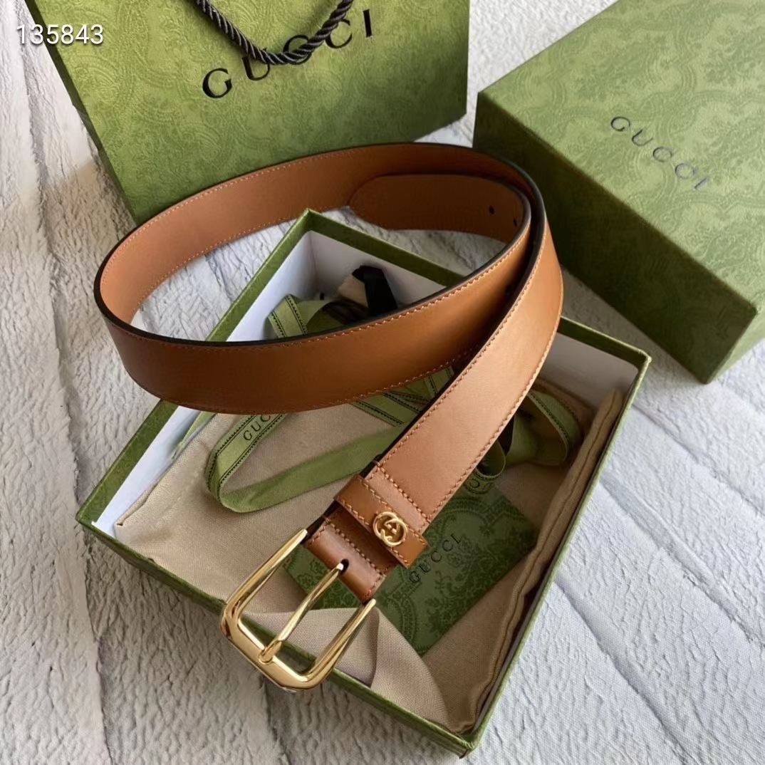 Gucci Unisex GG Belt with Square Buckle and Interlocking G Brown 3.6 cm Width