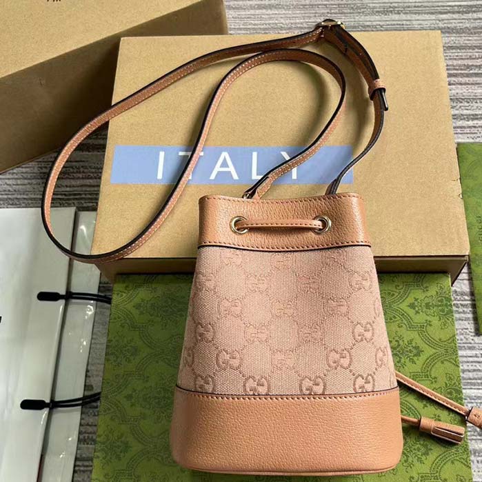 Gucci Women Ophidia Mini GG Bucket Bag Pink Canvas Leather Drawstring Closure