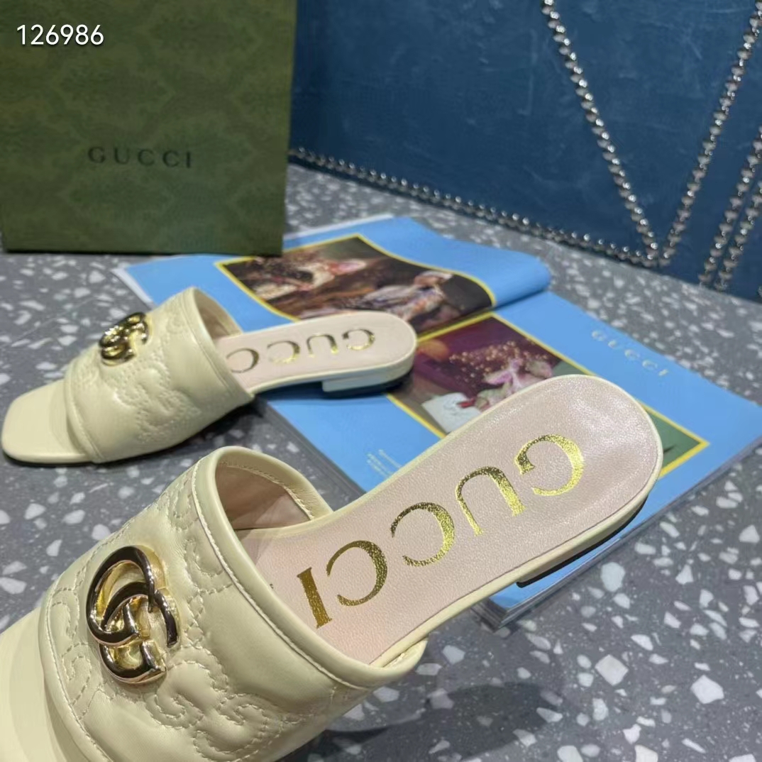 Gucci Women Matelassé Slide Sandal Beige GG Matelassé Leather Square Toe Flat