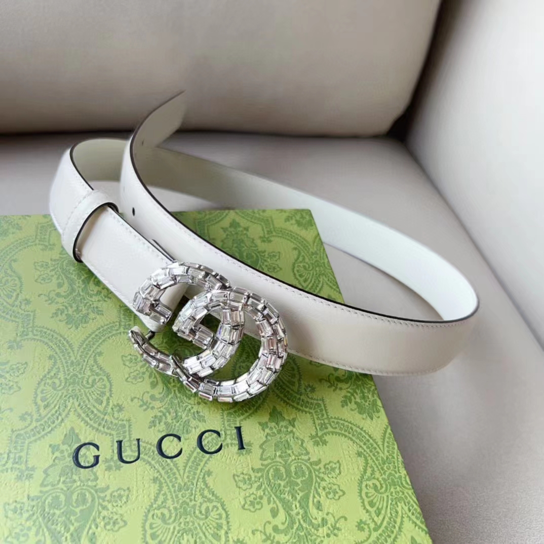 Gucci Unisex GG Marmont Thin Belt Crystals White Leather Double G Buckle 3 CM Width