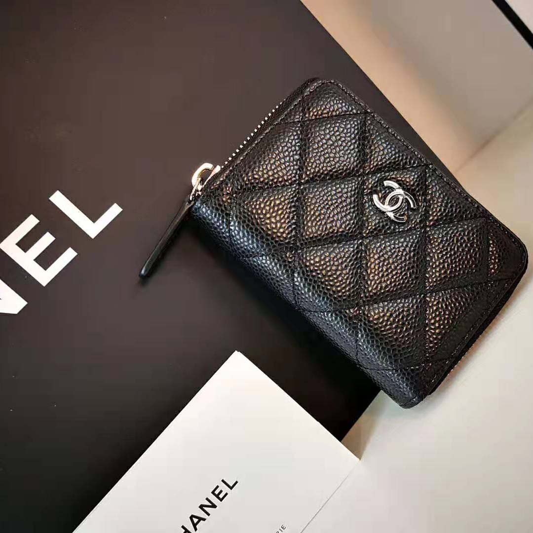 Chanel Women Classic Zipped Coin Purse in Grained Calfskin & Silver-Tone Metal-Black