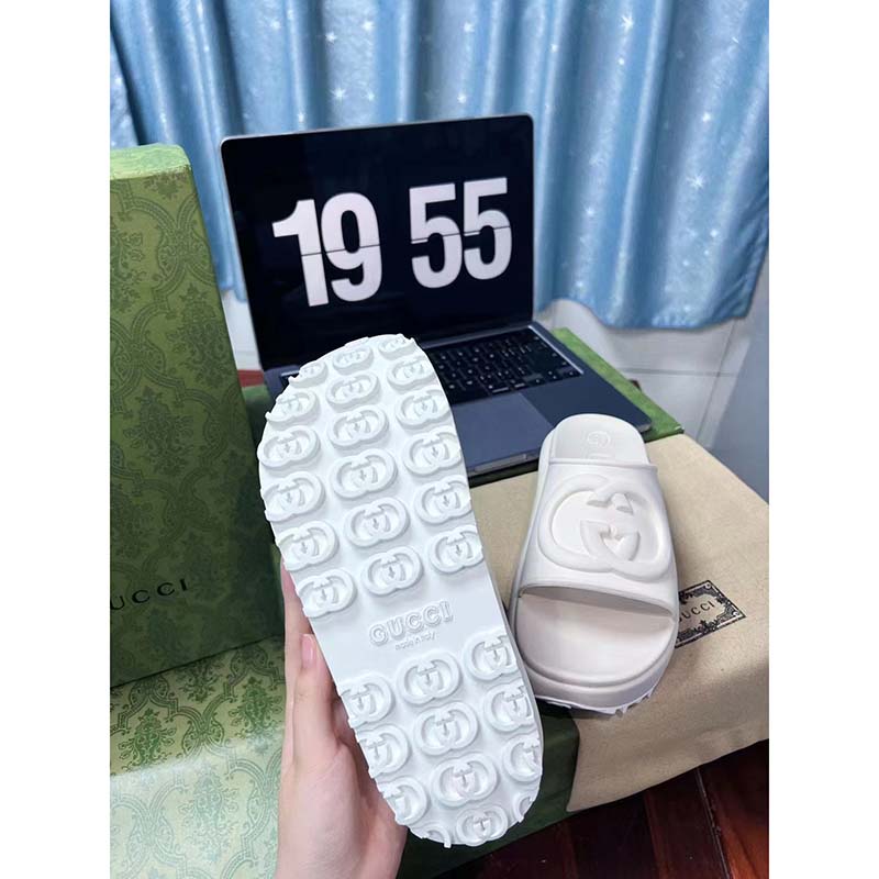 Gucci Women GG Slide Sandal Interlocking G Off White Rubber Low Heel