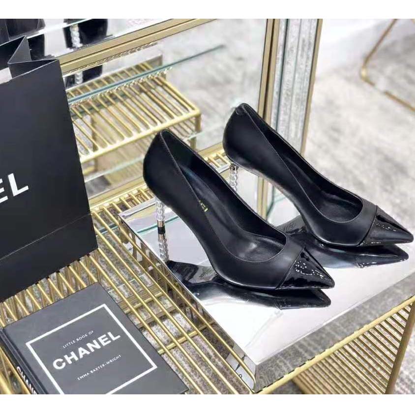 Chanel Women Pumps Lambskin & Patent Calfskin 10 cm Heel-Black