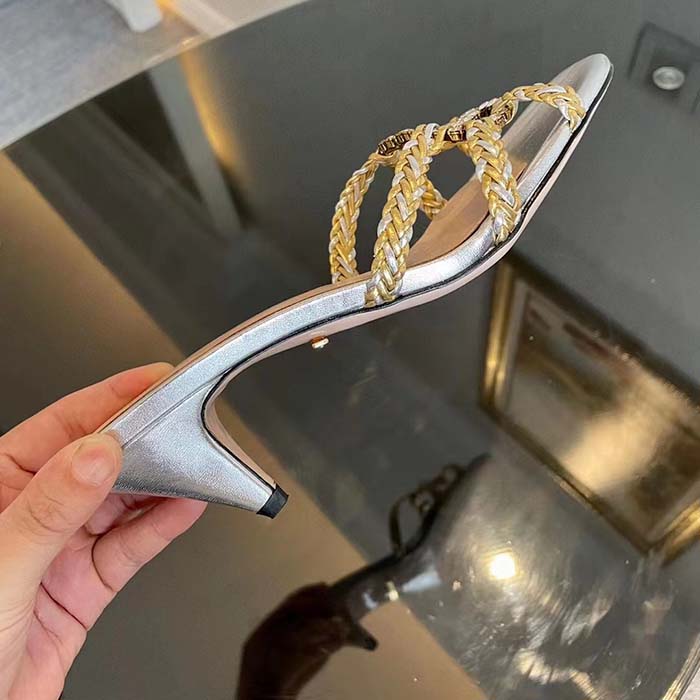 Gucci Women GG Nojum Slide Sandal Metallic Platinum Silver Braided Leather Mid-Heel