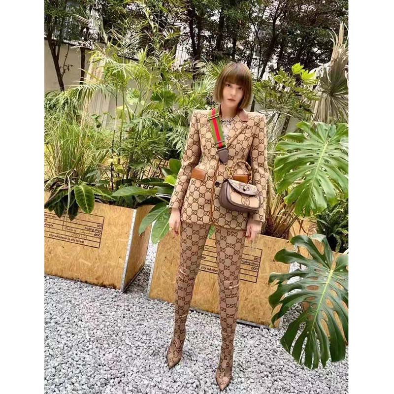 Gucci Women Bamboo 1947 Jumbo GG Mini Bag Brown Camel Ebony Canvas