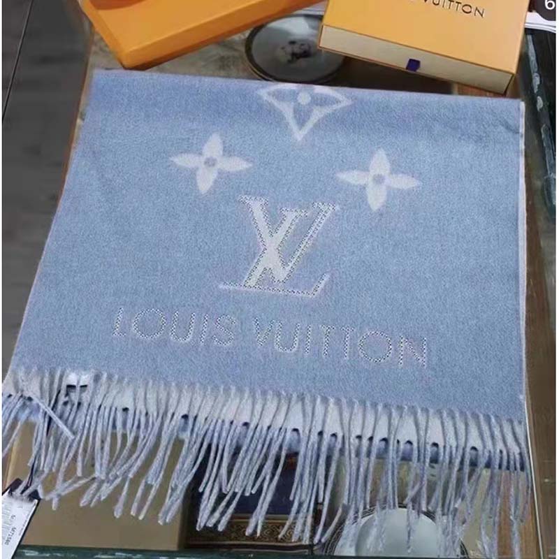 Louis Vuitton LV Unisex Studdy Reykjavik Scarf Denim Blue Allover Monogram Jacquard Weave