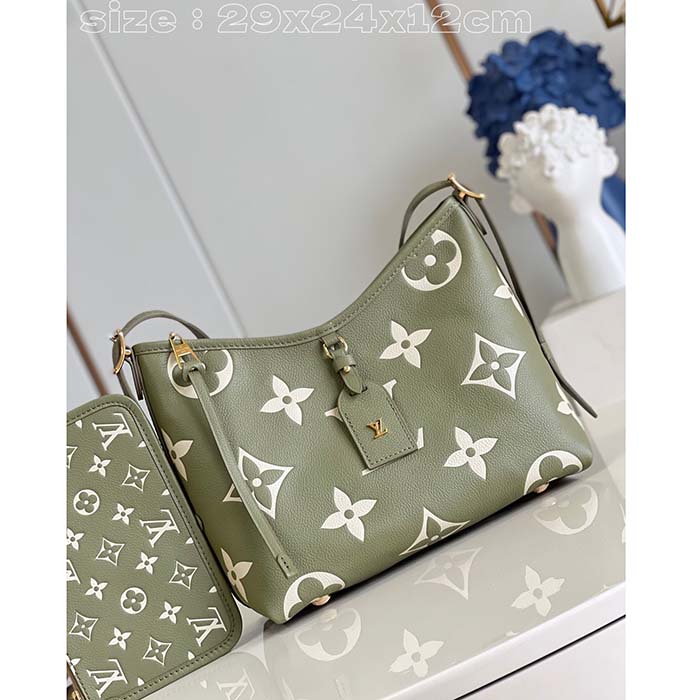 Louis Vuitton LV Women CarryAll PM Bag Light Khaki Cream Monogram Empreinte Embossed Grained Cowhide Leather