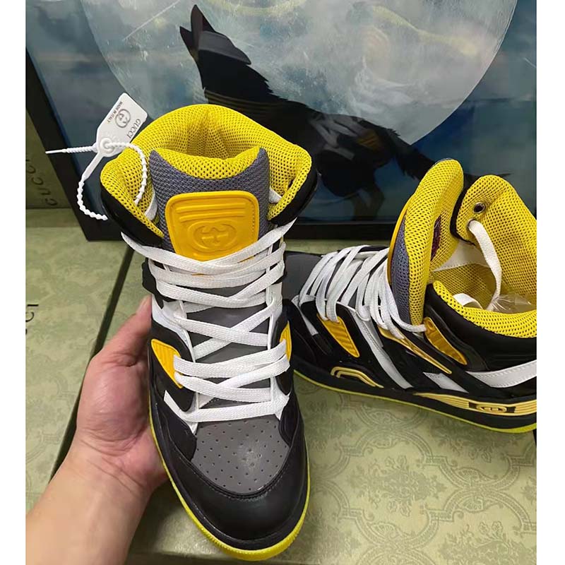 Gucci Unisex GG Gucci Basket Sneaker Black Demetra Rubber Interlocking Grey Mesh