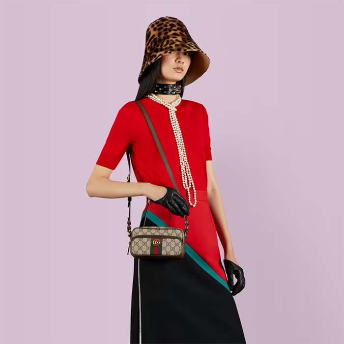 Gucci Unisex Ophidia Mini Bag Beige Ebony GG Supreme Canvas Brown Leather