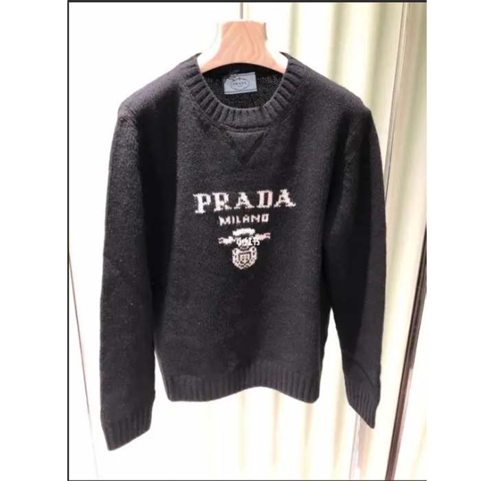 Prada Women Cashmere Wool Prada Logo Crew-Neck Sweater Black Menswear Fit