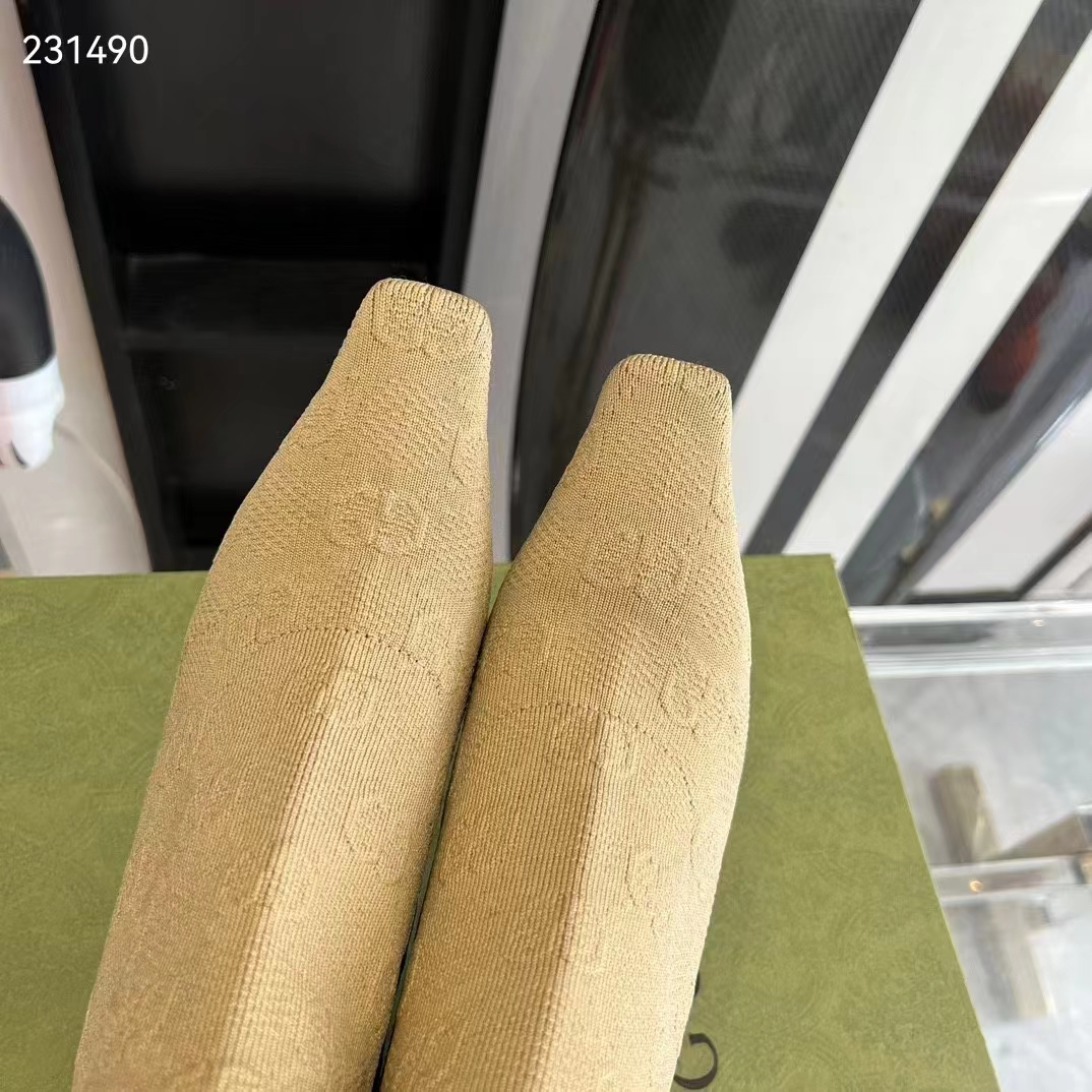 Gucci Women GG Knit Ankle Boots Beige GG Technical Knit Fabric Square Toe Leather Mid-Heel