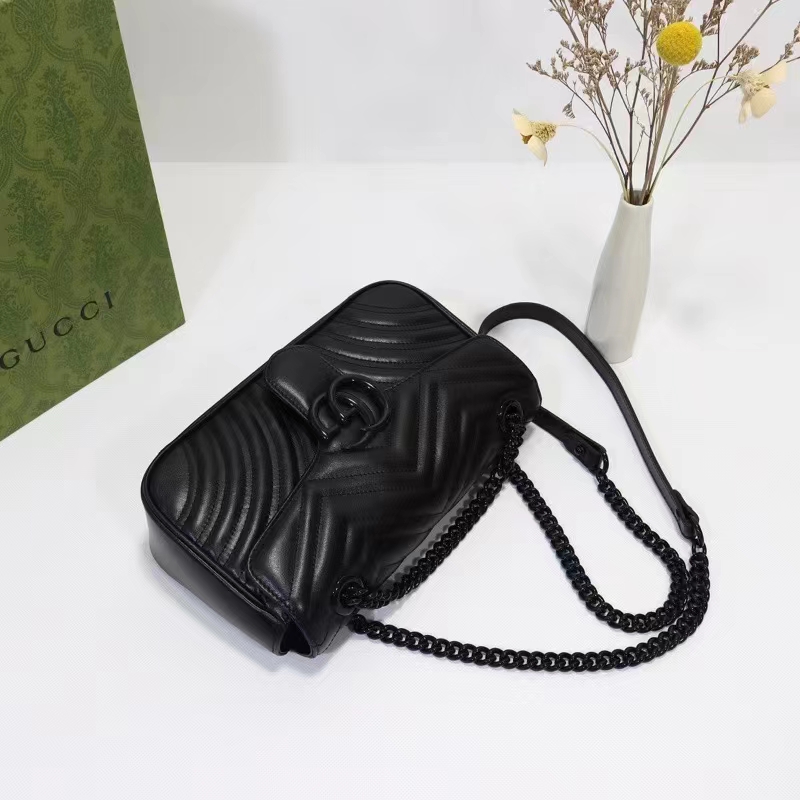 Gucci Women GG Marmont Matelassé Mini Bag Black Chevron Leather Double G