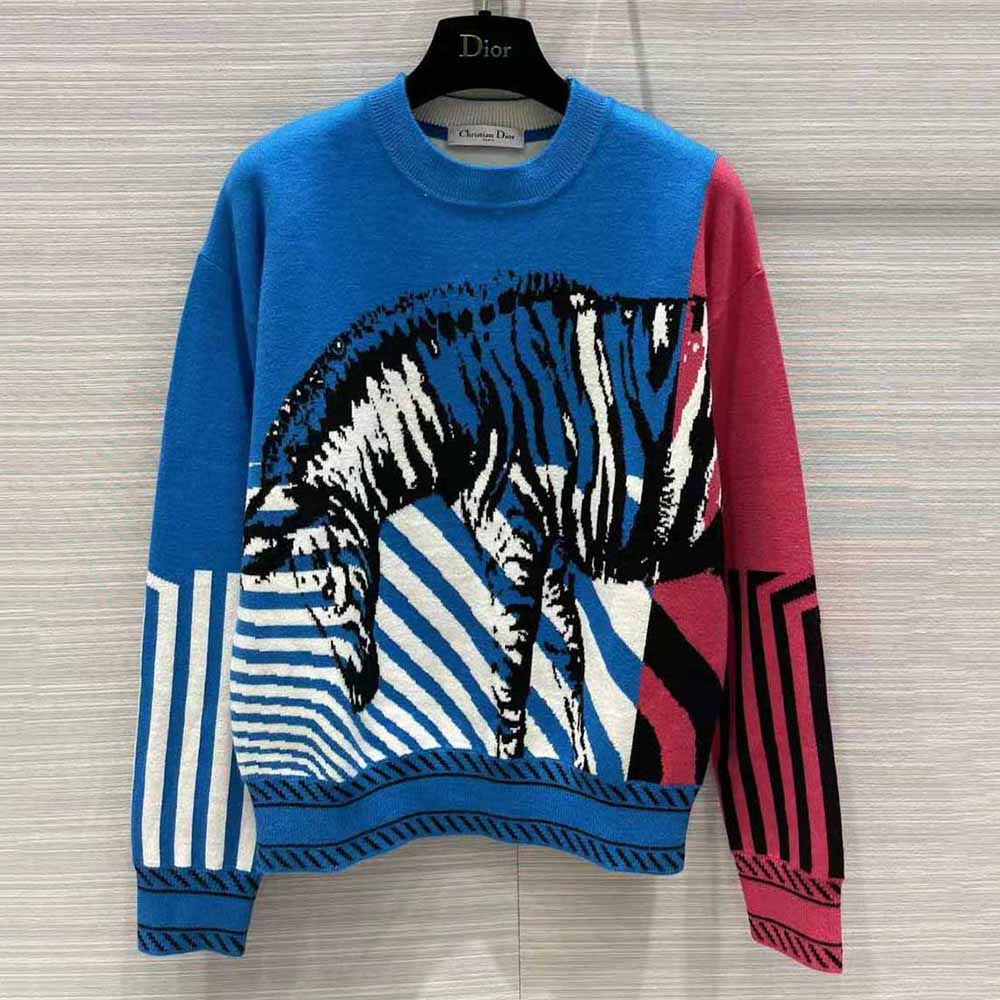 Dior Women Sweater Bright Blue and Pink D-Jungle Pop Double-Sided Technical Cashmere
