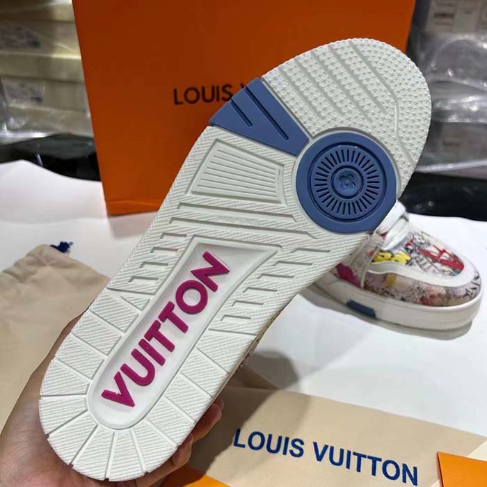 Louis Vuitton Unisex LV Trainer Sneaker White Printed Canvas Rubber Outsole Monogram Flowers