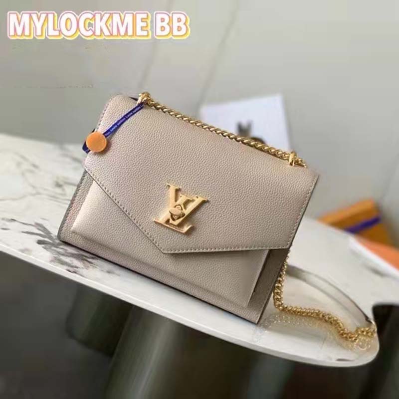 Louis Vuitton LV Women Mylockme Chain Bag Beige Soft Grained Calfskin Turn Lock