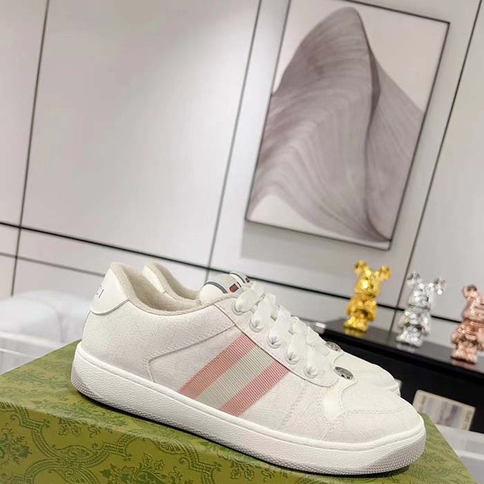 Gucci Unisex Screener Sneaker White GG Supreme Canvas Rubber Sole Lace-Up Low Heel