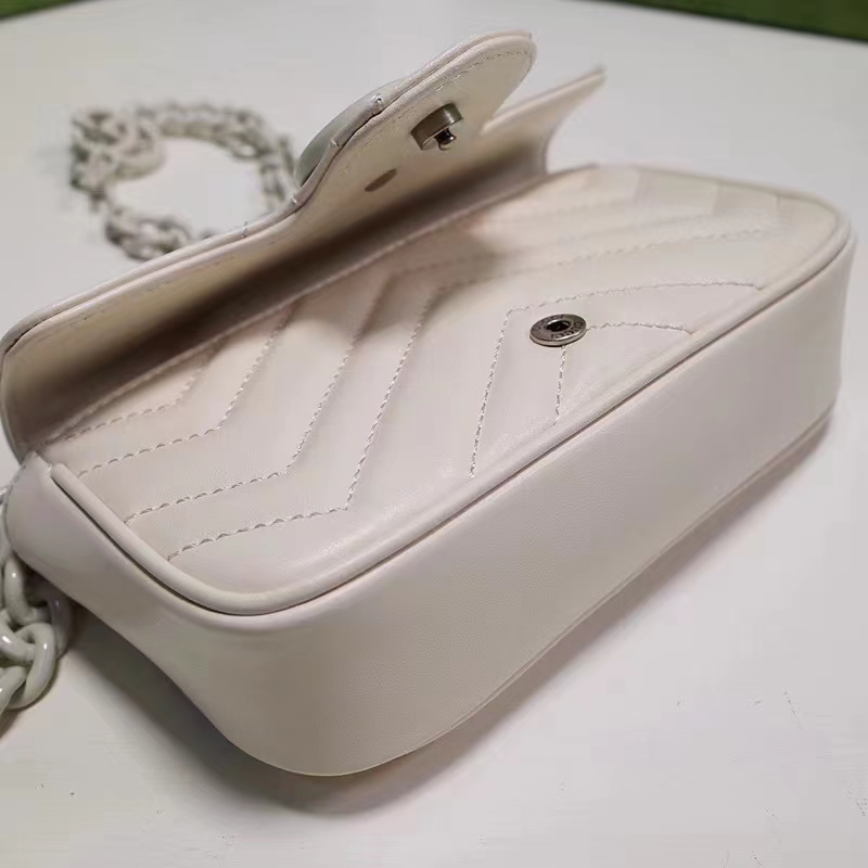 Gucci Women GG Marmont Belt Bag White Chevron Matelassé Leather Double G