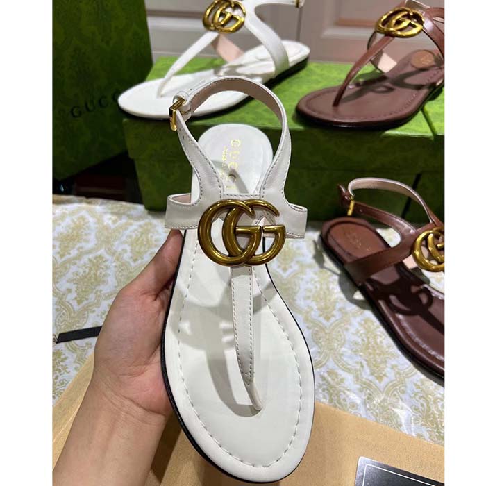Gucci Women GG Double G Thong Sandal White Leather Flat 0.5 CM Heel