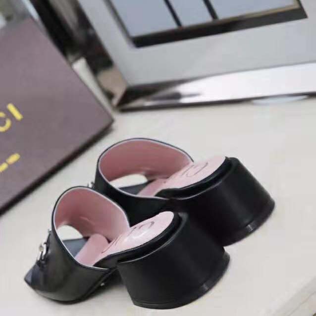 Gucci Women Patent Leather Mid-Heel Slide 5.1cm Chunky Heel-Black