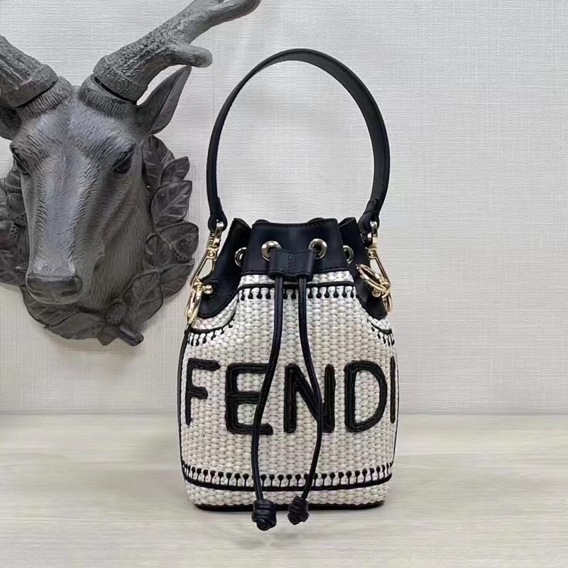 Fendi Women Mon Tresor Beige Black Straw Mini Bag