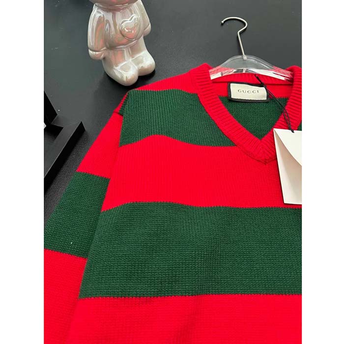 Gucci Women GG Felted Wool Striped Sweater V-Neck Dropped Shoulder Long Sleeves