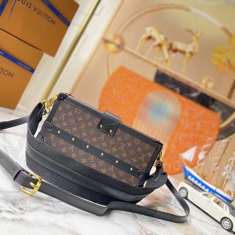 Louis Vuitton LV Unisex Petite Malle Handbag Monogram Coated Canvas Cowhide Leather