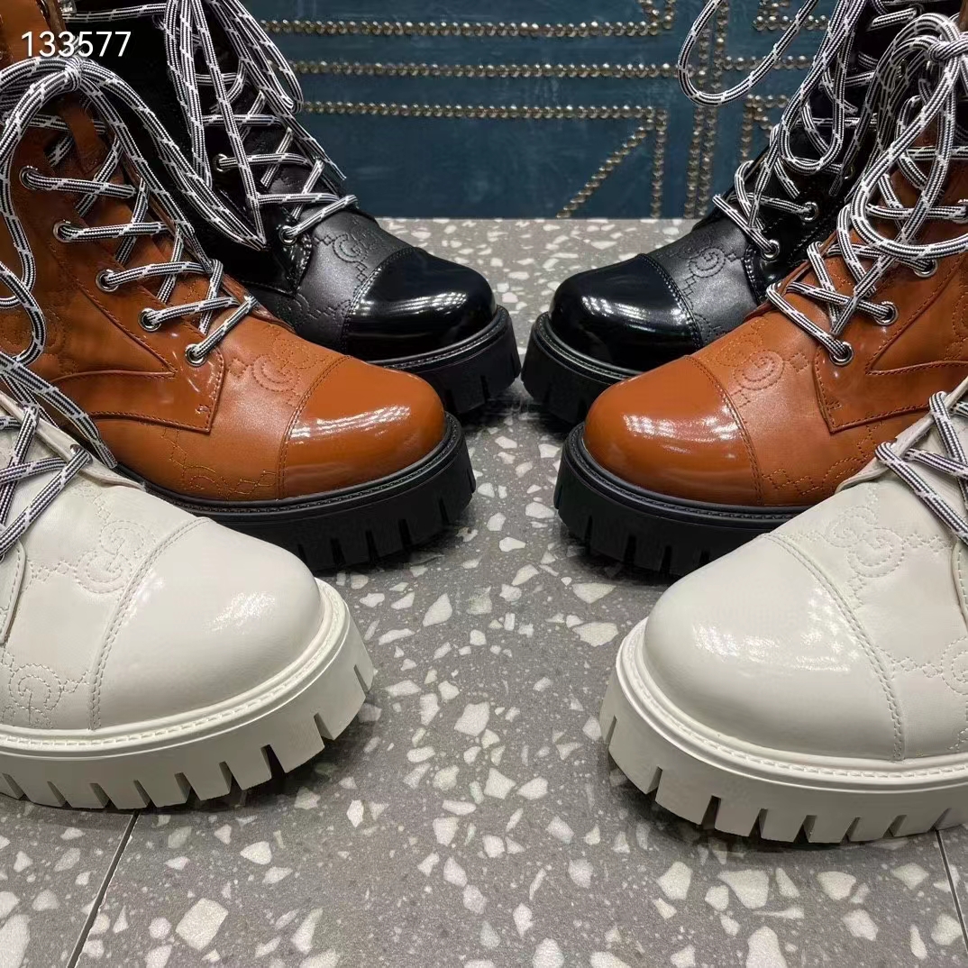 Gucci Women’s Matelassé Lace-Up Boot Off White GG Matelassé Leather Low-Heel