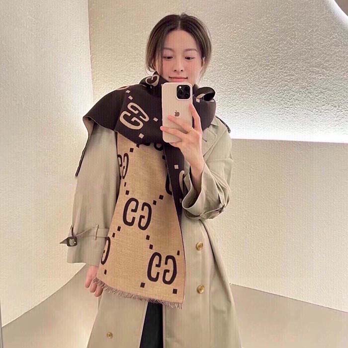 Gucci Unisex GG Jacquard Wool Silk Scarf Brown Beige GG Jacquard Wool Silk