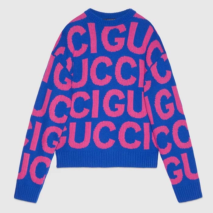 Gucci Women GG Wool Sweater Gucci Intarsia Blue Crewneck Dropped Shoulder