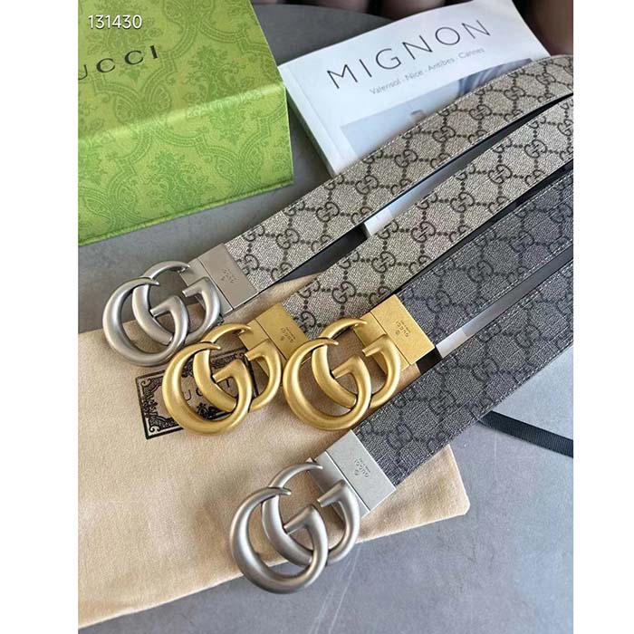 Gucci GG Unisex Marmont Reversible Belt Beige Ebony Supreme Canvas 3.8 CM Width