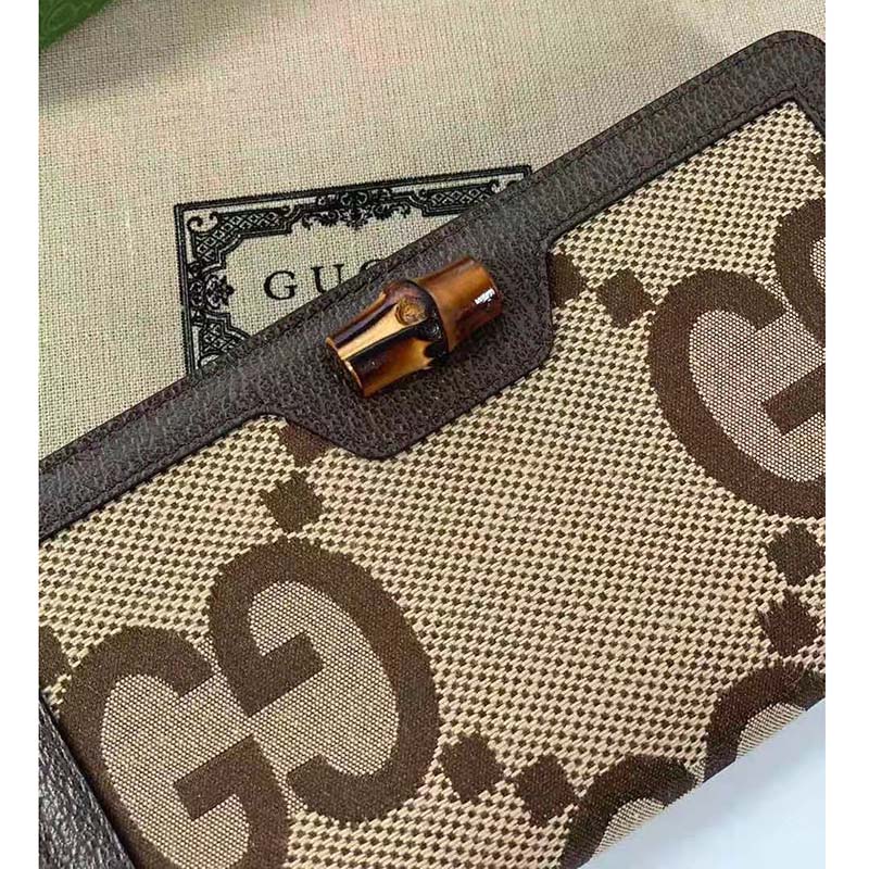 Gucci Unisex Diana Jumbo GG Wallet Camel Ebony Canvas Brown Leather