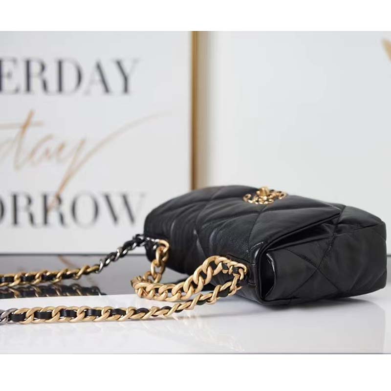 Chanel Women 19 Large Handbag Black Lambskin Gold Silver-Tone Ruthenium-Finish Metal