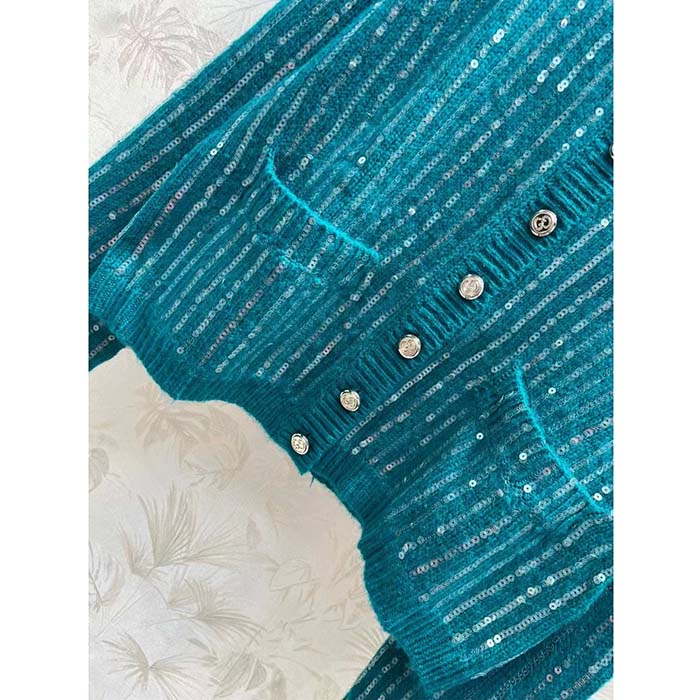 Gucci Women GG Mohair Silk Cardigan Teal Blend Sequin Embroidery Crewneck Long Sleeves