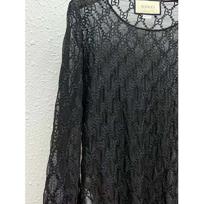 Gucci Women GG Embroidered Tulle T-Shirt Black Long Sleeve Fitted Cotton