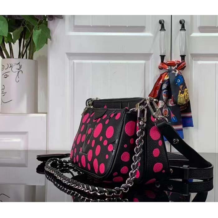 Louis Vuitton Women LV x YK Multi Pochette Accessoires Black Fuchsia Embossed Grained Monogram Empreinte Cowhide