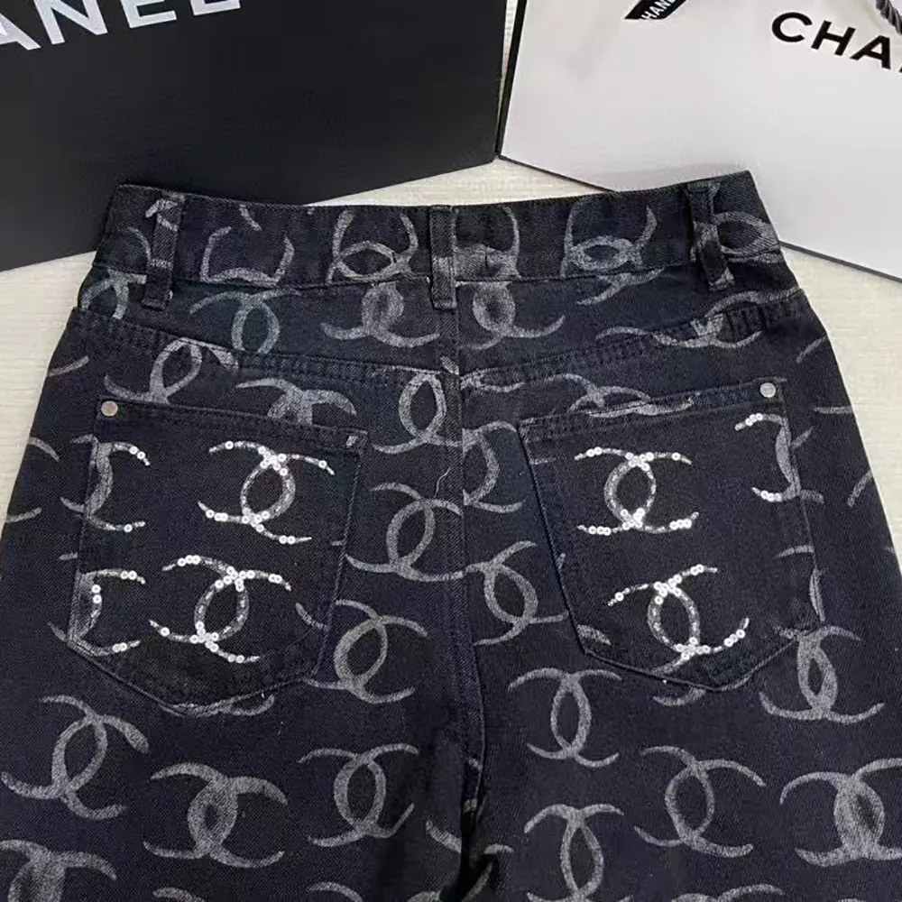 Chanel Women CC Jeans Flared Jeans in Black Washed Denim