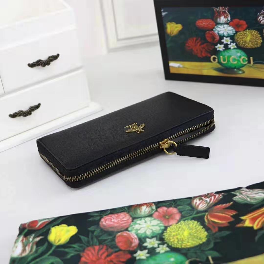 Gucci GG Unisex Animalier Leather Zip Around Wallet in Black Leather